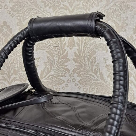 Genuine Black Leather Patchwork Duffel Bag With Adjustable Strap Multi Pockets - Picture 6 of 16